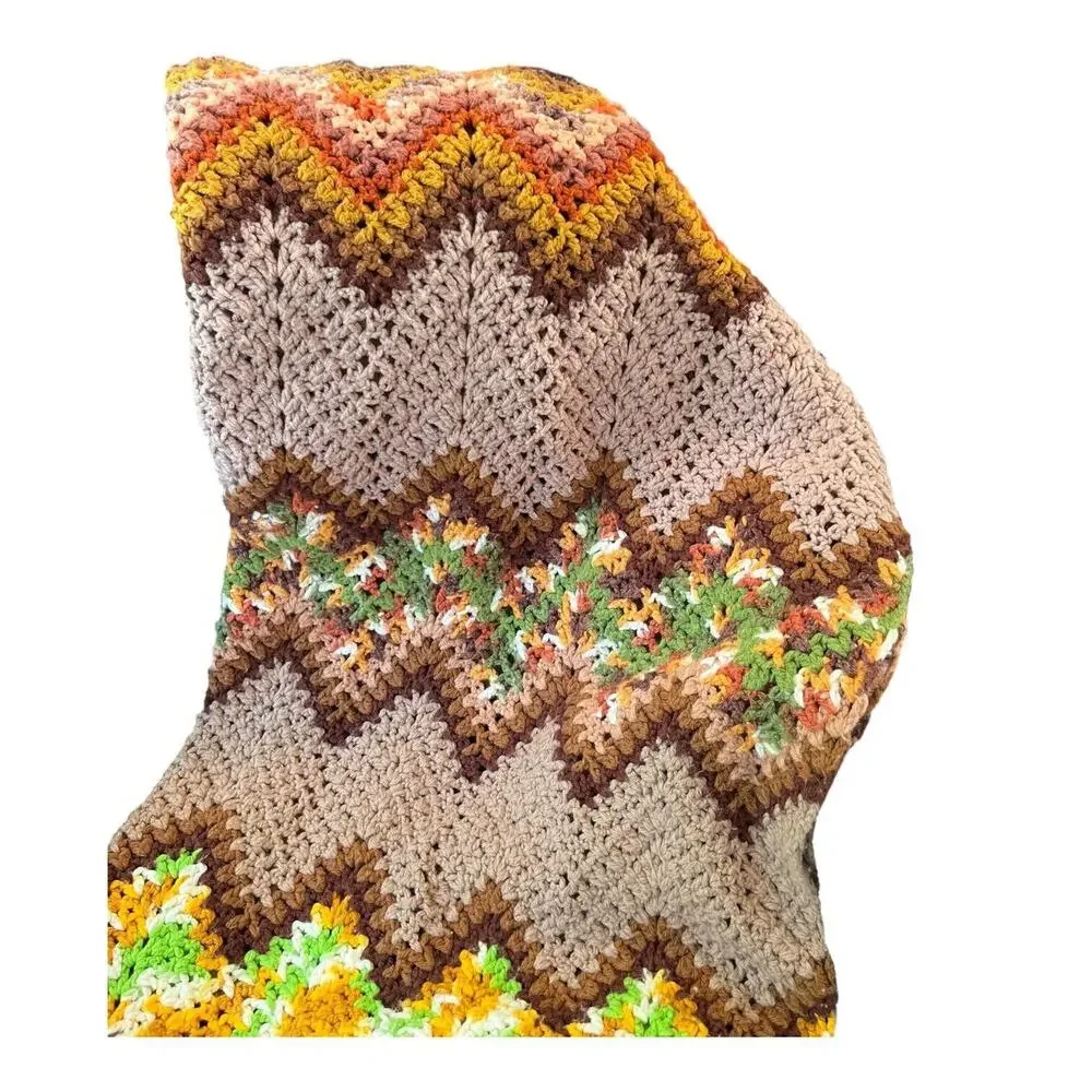 Handmade Afghan Retro Crochet Blanket‎ Chevron Brown Green 70s Style VTG 45